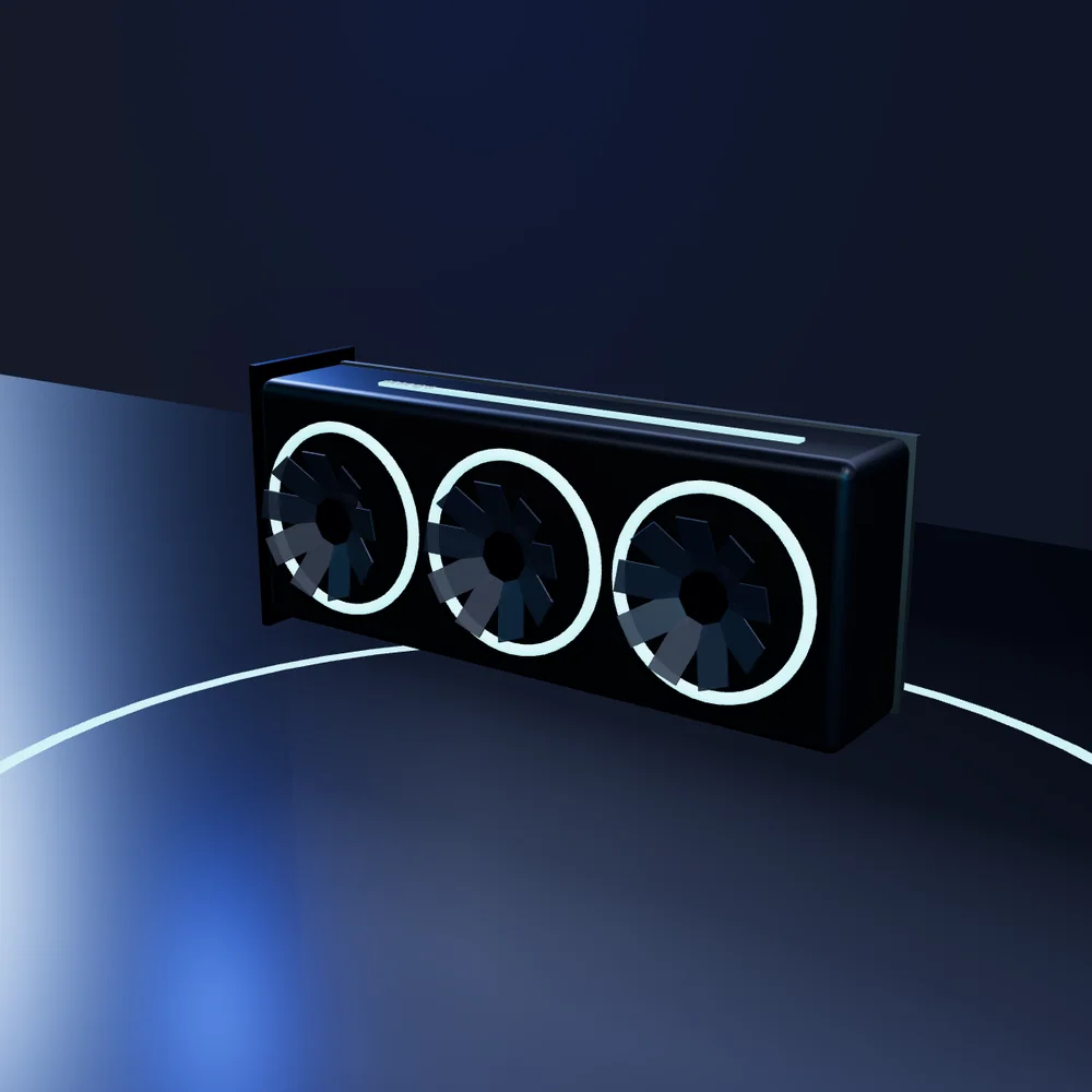 MMQ3 RTX Series Graphics Card in a workspace setting (MMQ3 concept render)